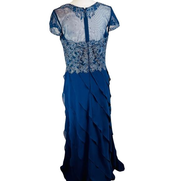 XSCAPE‎ Blue Sheer Cap Sleeve Floral Dress Gown 10 Tiered Ruffles Wedding Prom - Picture 5 of 16